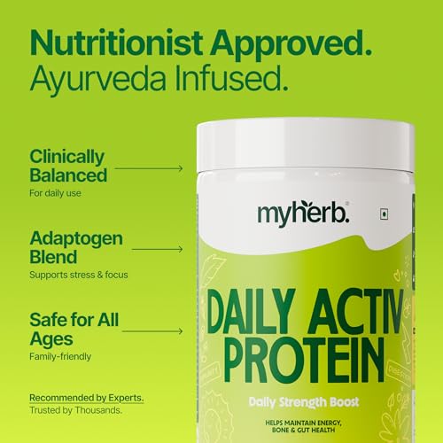 Image of MYHERB Daily Active |36gm Protein (Whey+Pea Protein)|Stamina Supporting Hebrs Tulsi,Amla & 8 Herbs|Supports Everyday Nutrition,Bone Health & Immunity (450 g (Pack of 1), Chocolate)