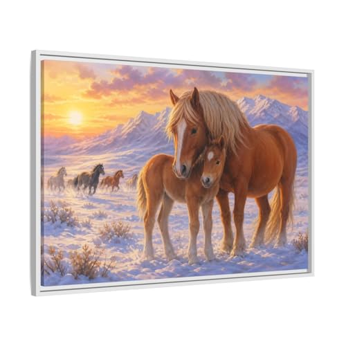 Tableau sur toile chevaux coucher de soleil de 90x60 cm avec cadre blanc 3cm