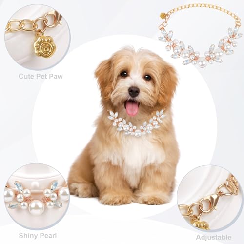 Image of HOWWFALY Dog Cat Pearl Collars with Cute Pet Paw Gold Chain Stainless Steel Collars Necklace Adjustable Collar Dog Chain Cat White Pearl Pet Collar (White, S)