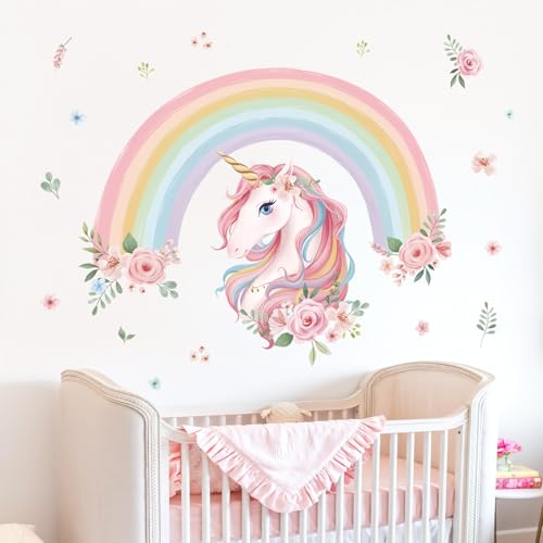 wondever Large Rainbow Wall Decals Unicorn Flower Peel and Stick Wall Art Stickers for Girls Bedroom Kids Room Baby Nursery - Image 3