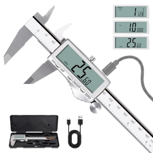 HARDELL Digital Caliper 6"/150mm, Rechargeable Stainless Steel Micrometer, Large LCD. in/MM/Fraction, Auto-Off, Electronic Measuring Tool for Machinist Woodworking 3D Printing DIY Household