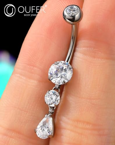 OUFER Dangle Belly Button Rings, Titanium Belly Rings, Clear CZ Dangle Belly Piercing Jewelry, Navel Piercing Jewelry, Internally Threaded Belly Rings For Women Men-10MM3