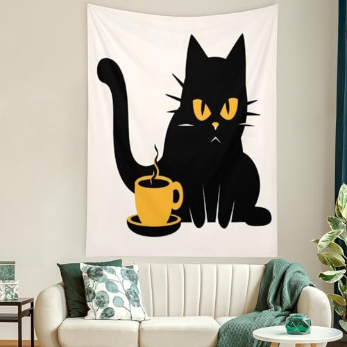 Cat Black Coffee Wanddeko Strandtuch Hausdeko Wandtuch Tagesdecke Für Wohnheim Zuhause Wohnzimmer,100x150cm