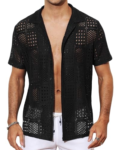 Csqopt 70s Shirts for Men Disco Outfit Short Sleeve Sheer Mesh Tops See Through Tee Mens Fishnet Lace Shirt Black L