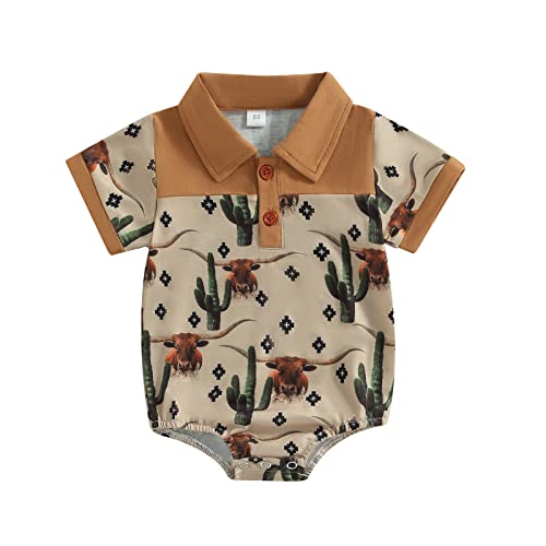 Image of Muasaaluxi Western Baby Boy Clothes Cow Print Short Sleeve Romper Button Down Lapel Polo Shirt Shirts Summer Outfit 0-18M