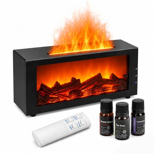 300ml Fireplace Diffuser Essential Oil Diffuser with Remote Control Flame Aroma Diffusers for Home Small Humidifier for Bedroom Room Decor Auto-off &7 LED Colors Lights Gift for Women (Black)