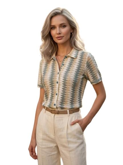 Tri Colour Crochet Knit Polo Shirt, Short Sleeve Button-Up Top, Chevron Pattern-picture-10