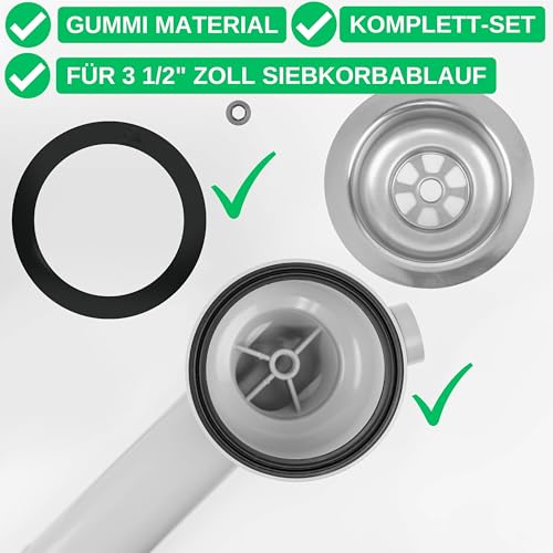 Profildichtung und Flachdichtung Set, 2 Stück, für 3 1/2 Zoll Garnituren, kompatibel mit BLANCO, FRANKE, VIEGA, IKEA, uvm., Dichtungssatz Küchenspüle, Lippendichtung Ventilablauf Spülbecken Abfluss