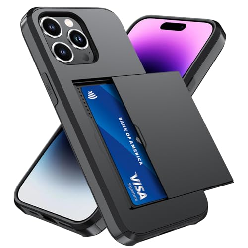 Qinmay Compatible with iPhone 14 Pro Max Case with Card Holder Dual Layer Shockproof Heavy Duty Protective Hidden Slot Slim Wallet Phone CoverBlack