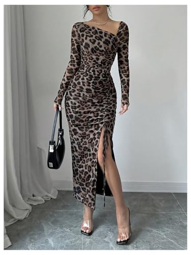 GORGLITTER Women's Maxi Leopard Spring Wedding Guest Dress Drawstring Ruched Asymmetrical Neck Split Dresses 5