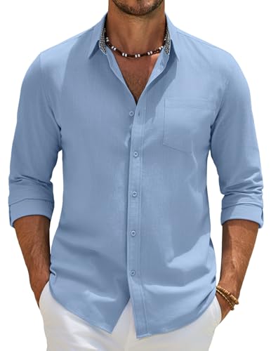 Image of COOFANDY Mens Shirts Long Sleeve 100% Cotton Plaid Collar Light Blue L