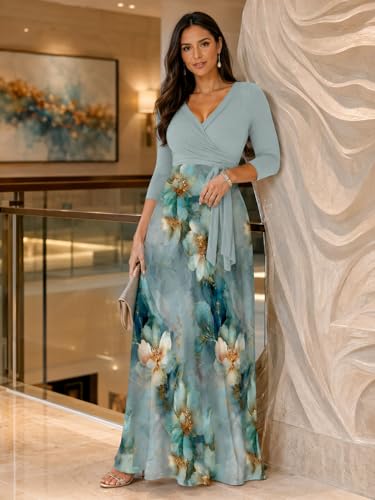 Image of Plus Size Maxi Dress for Women V Neck 3 /4 Sleeve Wrap Dress