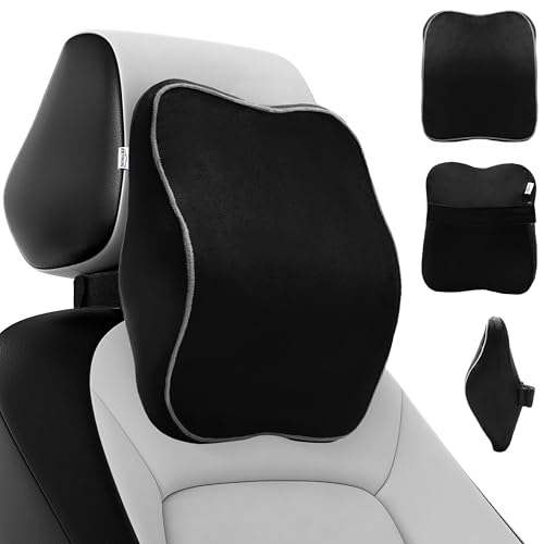 Image of Premium Car Neck Rest Pillow with 3-Year Warranty | Ergonomic Memory Foam Neck Pillow for Car | Exquisite Neck Rest with Elegant Packaging | Black with Grey Piping (Pack of 1)