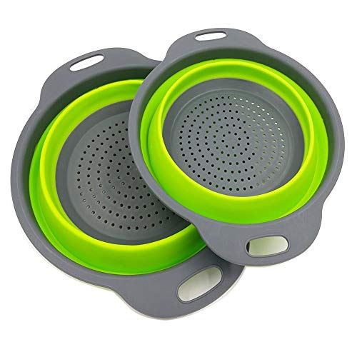 2 Collapsible Colander Mixing Bowl Strainer and Colander Set Silicone Colander Bowls Use for Draining Fruits Vegetables and Pastas by Bellagione (Green)