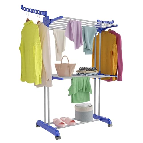 Innotic Stendini a 4 Livelli Stendino a torre con Estensibile Ali laterali pieghevoli Stendibiancheria Salvaspazio per esterno interno balcone, blu e bianco