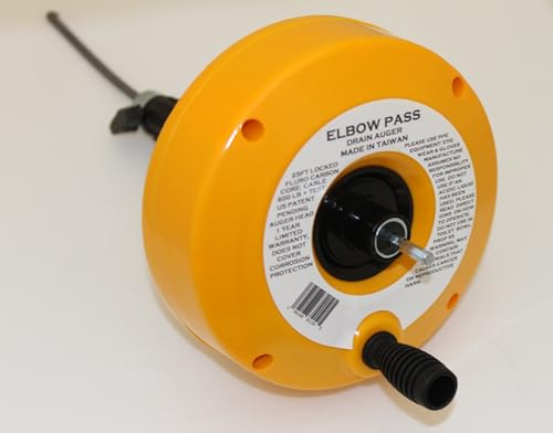 Drain Snake by Elbow Pass with 25ft cable, drain clog remover, plumbing snake Kink Resistant inner core strength at 600lb test. Hexagon non-slip drill bit attachment or Manual knob