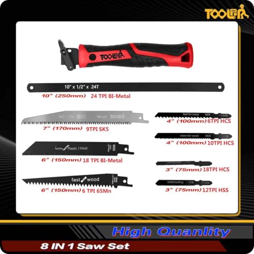 Image of 8-In-1 Multi Blades Hand Saw, Drywall Cutter. Hacksaw. Long Blade, Jab Saw, For Cutting Drywall, Sheetrock, Wood, Metel, Plastic, Plywood. Blade Quick Change Mechanism. Red Handle.