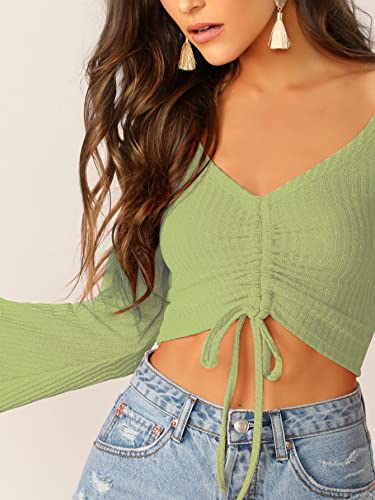 Image of SweatyRocks Women's Adjustable Drawstring String Long Bell Sleeve Rib Knit Sexy Crop Top Light Green M