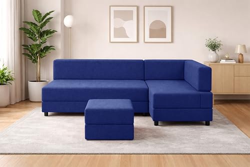 Image of Leg Sofa Cum Bed with Ottoman | Jute Fabric | Multipurpose Folding 3 Seater Sofa Bed 5x6 Ft for Living Room | Space Saving Furniture | Modern Design - Blue