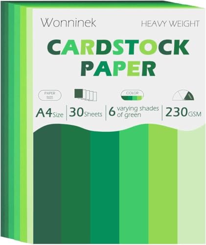 Wonninek Green Cardstock Set 6 Colours A4 Card Stock Paper for Printing 21x29.7cm Green Shade Card Pack Heavy Weight Cardstock for Arts and Craft Scrapbooking - 30Sheets