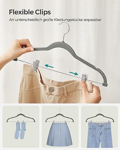 SONGMICS Kleiderbügel Samt, 20er Set, Rockbügel, 42,5 cm breit, mit verstellbaren Clips, rutschfest, platzsparend, für Hosen, Mäntel, Kleider, grau CRF012G20