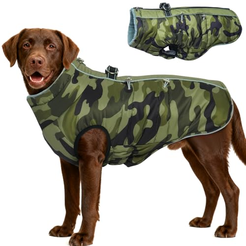 IKIPUKO Dog Winter Jacket - 3X Large, Warm Zip Up Snowsuit Dog Harness Vest, Reflective, Water-Resistant, Camouflage