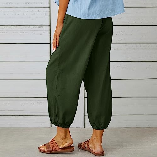 High Waist Cotton Linen Pants for Women Casual Summer Drawstring Lounge Pants Loose Cropped Trousers with Pockets4