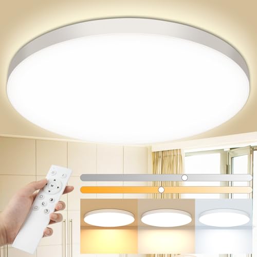 Swoieltr Plafon LED Techo, 24W 2000LM Lampara Techo con Mando a Distancia, 3000K-6500K IP44 Plafones para Techo LED, Regulable Lampara LED Techo Candeeiro Teto Cocina Dormitorio Salon Baño Ø28cm
