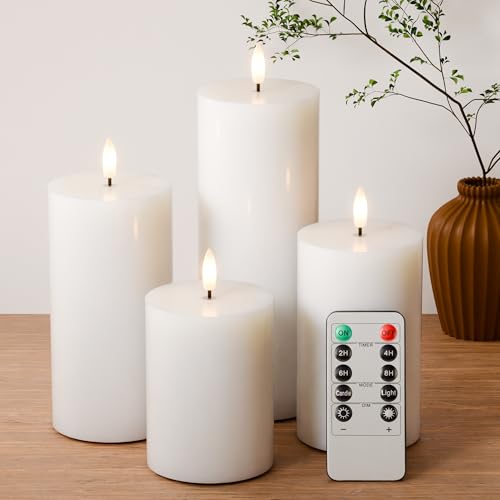 Image of White Flameless Pillar Candles, Battery Operated Wax Candles with Remote, Flat Top Flickering Flameless Candles, LED Candle for Home, Wedding, Party Decor, Set of 4, Φ 3 inch H 4 inch 5 inch 6 inch 8 inch