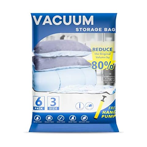 Vacuum Storage Bags 6 Bags - 2 Jumbo + 2 Extra Large + 2 Medium Reusable Storage Bags with Travel Hand Pump for Duvets, Bedding, Pillows, Clothes, Quilts, Sweater, Comforters, Dresses, Suitcases Cover