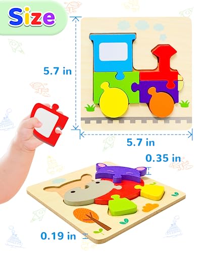 Image of Wooden Toddler Puzzles Gifts Montessori Toys for 1 2 3 Years Old Boys Girls | 12 Vehicle Shape Puzzles, Boy Birthday Gift, Montessori Toys Educational Blocks for Toddlers 1-3, 2-4, Baby Learning Toys