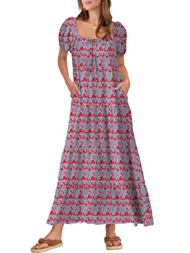 Image of ANRABESS Women's Boho Maxi Dresses 2025 Summer Casual Floral Puff Short Sleeve Tie Front Flowy Swing Tiered Long Beach Dress