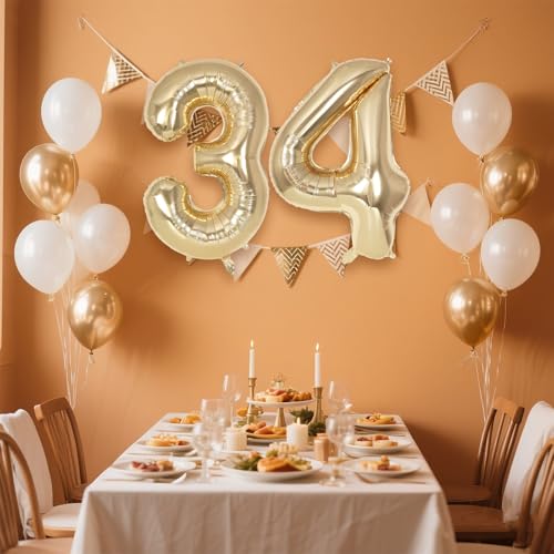 Image of Champagne Large Number 34 Balloon, 40 Inch Light Gold Foil Helium Number Balloons, Giant Mylar Number 34 Balloons for 34 Years Old Birthday Party Anniversary Decorations (Champagne Gold 34)