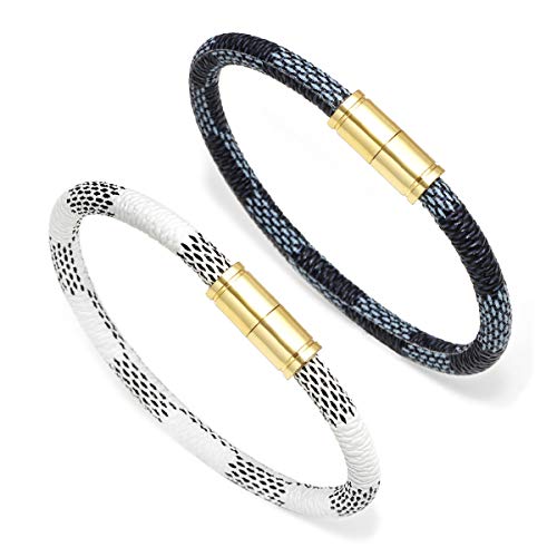 Pulseras de cuero (2 piezas), pulseras de cuero hechas a mano para parejas de hombres y mujeres, pulseras clásicas de la amistad con cierre magnético, 8.3"