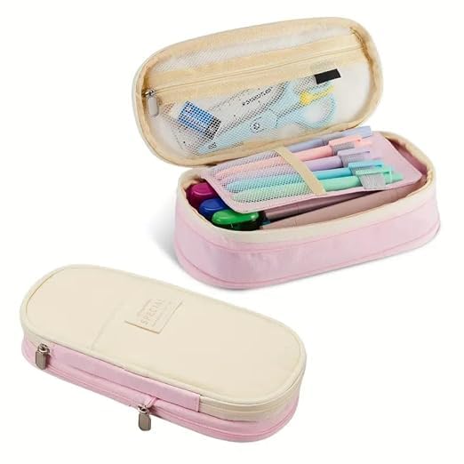 Image of WORSHIPER Big Capacity Pencil Pen Case Bag with Zipper Office College School Storage Large Capacity Bag Pouch Holder Box Organizer Colorful (Special - Creem + Pink)