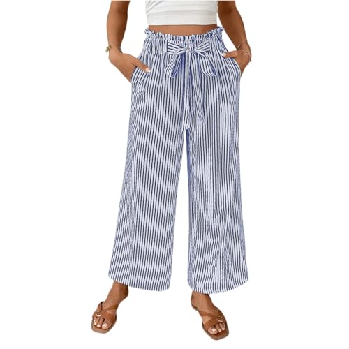 Striped Pants Women Drawstring Wide Leg Linen Pants Lightweight High Waisted Comfy Lounge Trousers with Pockets