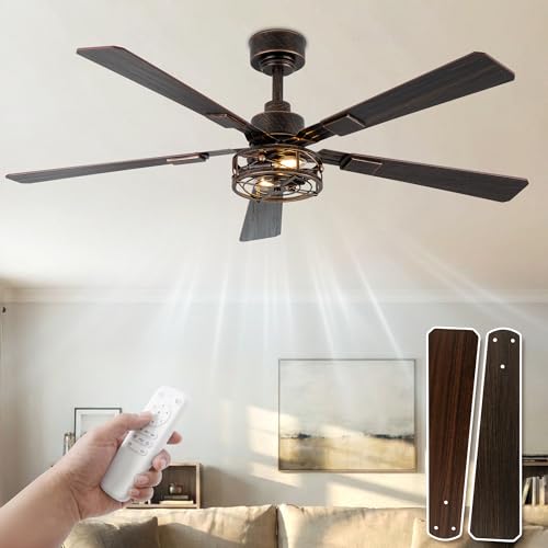 52 Inch Farmhouse Ceiling Fans with Lights, Caged Ceiling Fan with Remote Control, Quiet and...