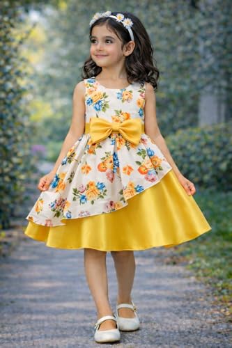 Image of Buy & Try Girl's Satin Floral Printed Frock Knee Length Short Frocks Dress.