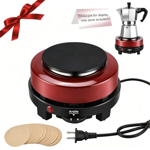 Image of Artilife 500W Mini Electric Hot Plate - Moka Pot Special, 110V Compact RV Camping Stove, 4 inch Cast Iron Burner for Coffee, Low Wattage Portable (Red)
