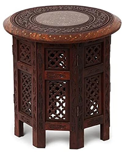 Image of Wood Polished And Furnished End Table /Stool With Antique Polish Multipurpose Coffee Stand Table (Octa Legged, 12 Inches)