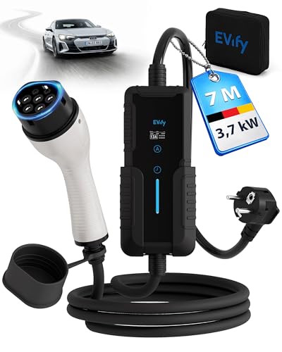 EVify Ladekabel Typ 2 Schuko 3 7kW 7M 16A für Elektroauto & Hybrid inkl. Kabeltasche Stromstärke/Ladeleistung einstellbar 6|8|10|13|16A ideal für PV-Anlage Typ 2 Ladekabel Schuko