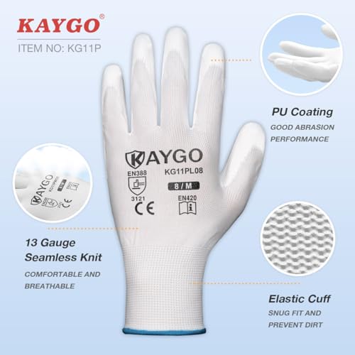 Image of KAYGO Safety Work Gloves for Men Women, PU Coated Palm & Fingers, KG11P | Smooth Grip, Breathable & Lightweight, 13-Gauge Seamless Knit, for Light Warehouse, Manufacturing, Gardening
