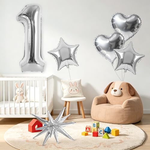 Image of TONIFUL 1st Birthday Balloons Kit 40Inch Silver Large Number 1 Foil Balloon