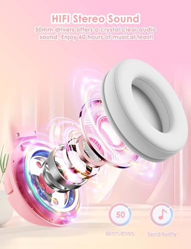 ONITOON Cat Ear Bluetooth Headphones, Wireless Over-Ear Headphone with RGB Lights, Cute Design 60H Playtime, Bluetooth 5.3 HiFi Stereo Sound, Built in Mic for Travel/School/iPad/Tablets - Image 6