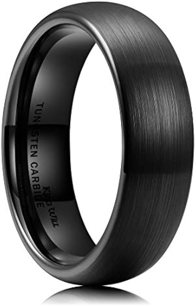 King Will Mens 2mm/4mm/6mm/8mm Black Matte Finish Tungsten Carbide Ring for Men Silver Domed Engagement Wedding Band Comfort Fit