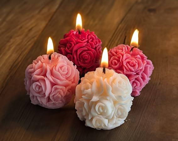 PICKKART Decorative Rose-Shaped Wax Candles, Set of 4, Cream Colour, Floral Design (Red Pink White)-image-41