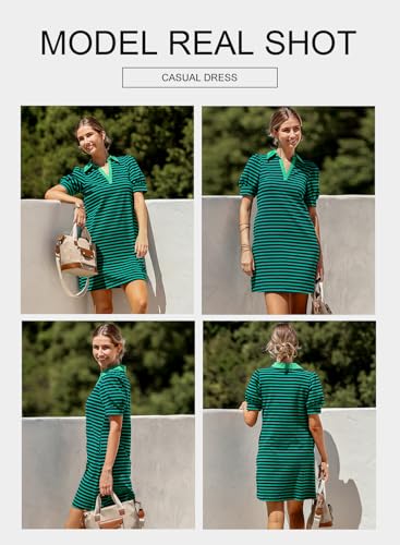 BLENCOT Women's Casual Polo V Neck T Shirt Striped Dress Summer Puff Short Sleeve MIdi Dresses2