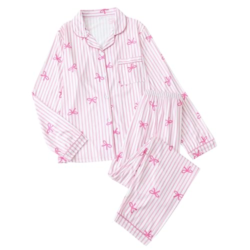 Ensemble Pyjama rayé pour Femme avec Motif Coeur-Pyjama à Manches Longues avec Chemise et Pantalon Vêtement de Nuit élégant Jour de la Saint-Valentin Satin Ensemble...