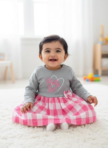 Image of Baby GO Cotton Baby Girls Frock Dress with Bow | Full Sleeve Casual Dress | Checked Winter Wear Princess Skirt Outfit for New Born Baby Girls