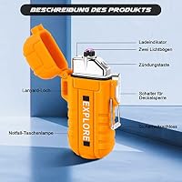 LcFun Feuerzeug Elektrisch Elektro Feuerzeug Winddicht Lichtbogen Feuerzeuge USB Aufladbar, Outdoor Feuerzeuge mit Taschenlampe für Camping, Wandern, Vatertagsgeschenke für Männer Papa (Orange) – Ansicht 2